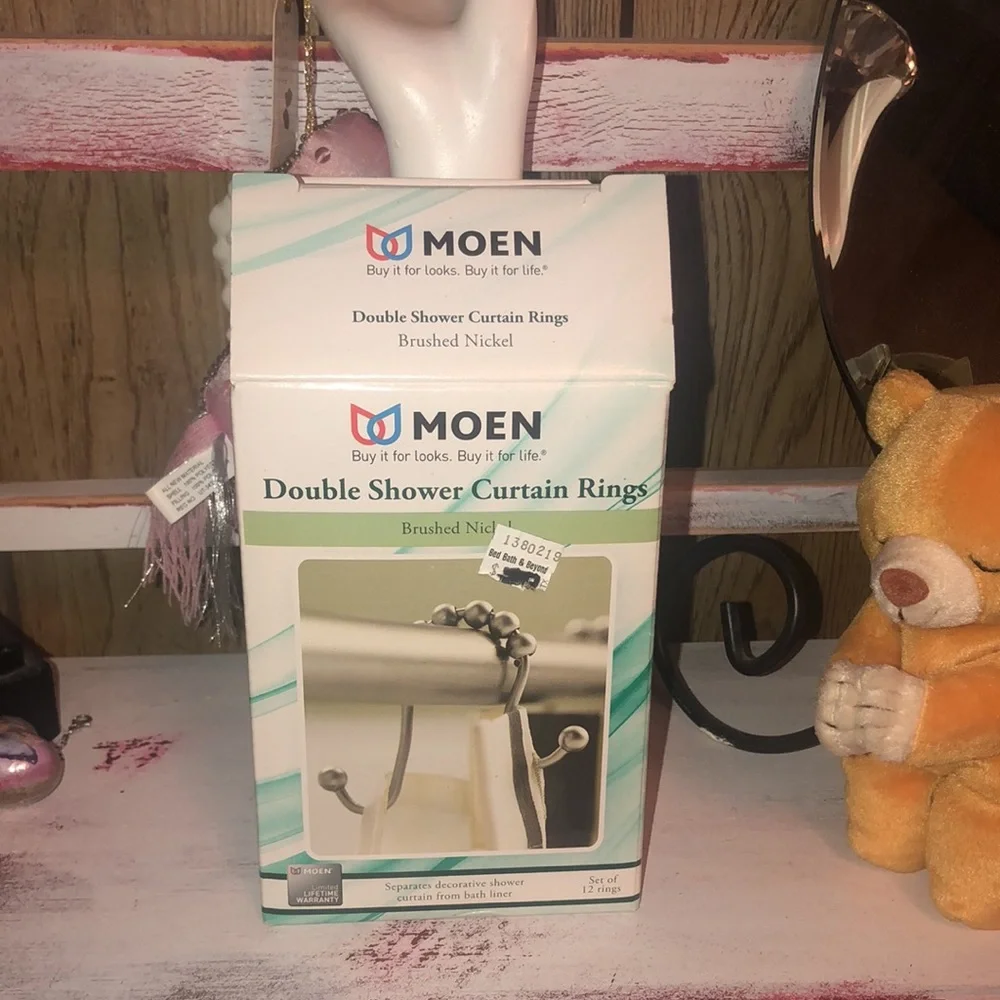 New In Box “MOEN” Double Shower Curtain Rings-Brushed Nickel
